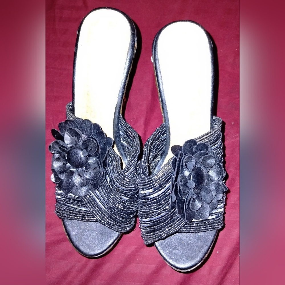 Black and Silver Wedge Sandals